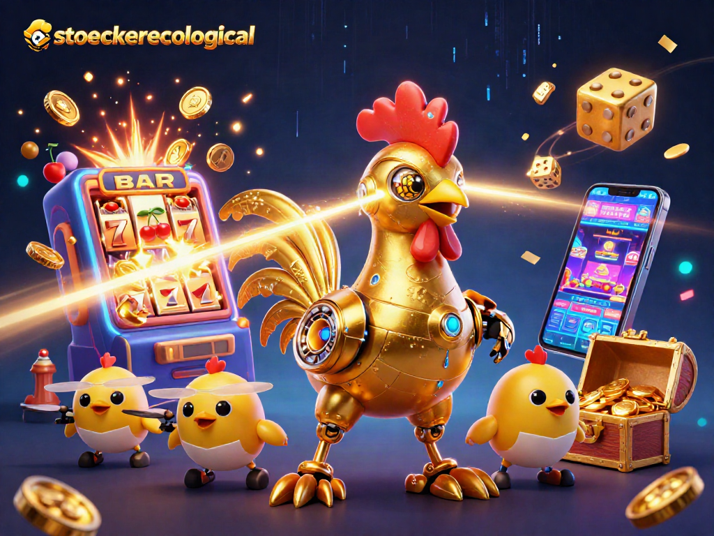 Engage with stoeckerecological's dynamic casino adventure featuring a golden rooster robot and slot machines.