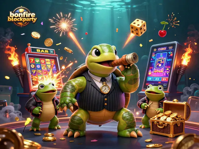 Join the fun at bonfireblockparty with a vibrant 3D casino scene featuring a snapping turtle and themed gambling elements.