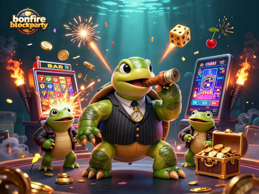 Join the fun at bonfireblockparty with a vibrant 3D casino scene featuring a snapping turtle and themed gambling elements.