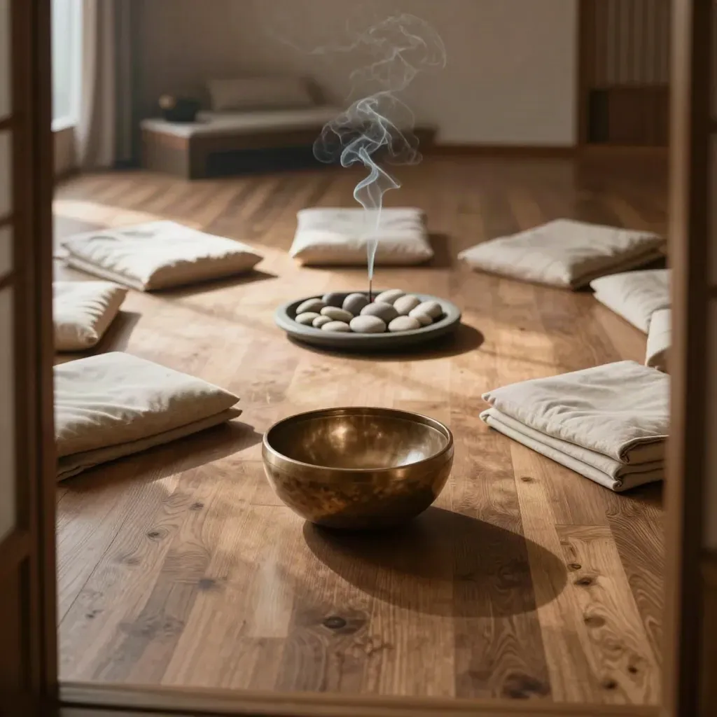 Círculo de cojines para mindfulness con cuenco, esterillas y humo de incienso en un estudio cálido.