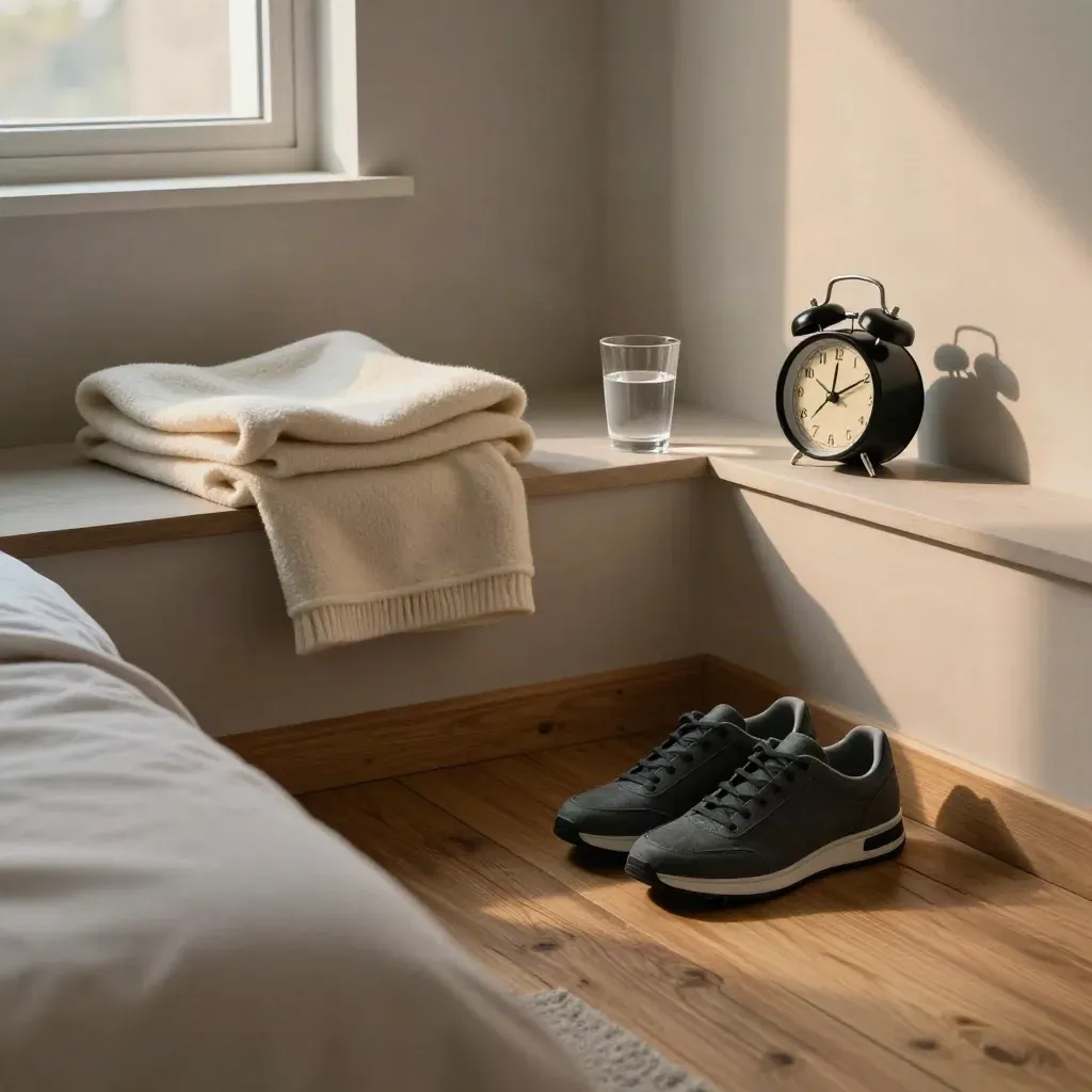 Rincón de dormitorio al amanecer con zapatillas, agua, manta doblada y despertador girado.