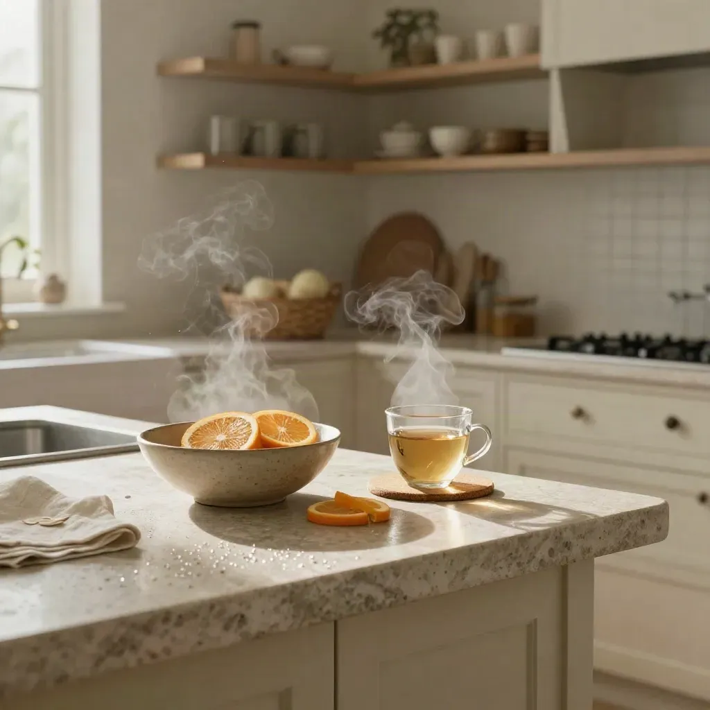 Cocina de piedra con desayuno saludable, té herbal, cítricos y rincón de lectura, luz matinal.