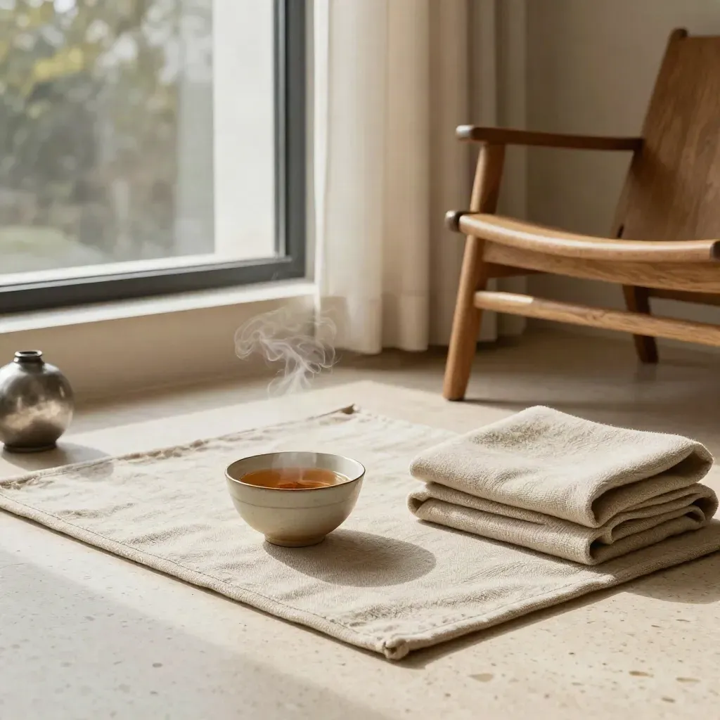 Rincón de descanso con té herbal, manta plegada, vapor y cortina en movimiento.