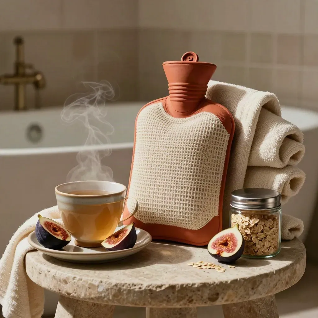 Set de autocuidado con bolsa de agua caliente, infusión, higos, bata y sales entre vapor de baño.