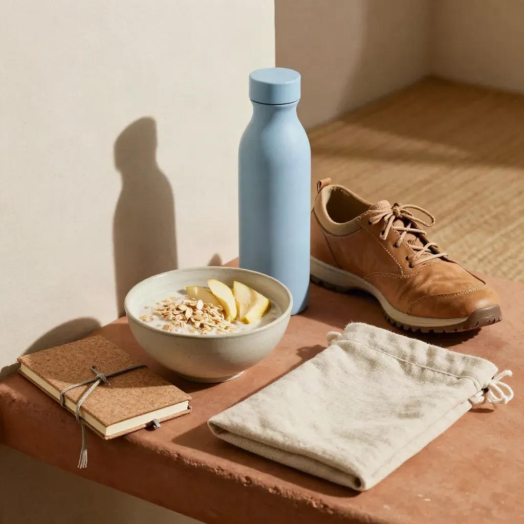 Kit de bienestar semanal con cuenco, zapatillas, jarra de agua, cuaderno y bolsa de lino.