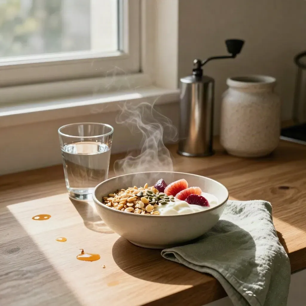 Desayuno saludable con avena nocturna, cítricos, vaso de agua y molinillo en una cocina cálida.