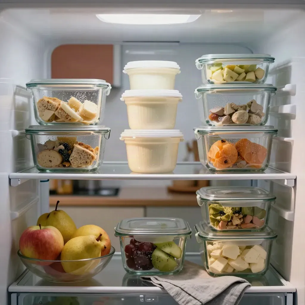 Frigorífico abierto con tápers de comida, tarros de yogur y frutero sobre encimera.