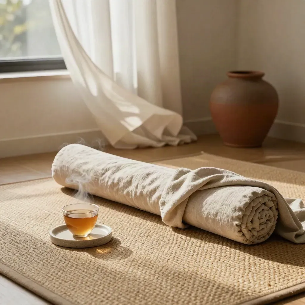 Rincón de descanso con esterilla, collarín cervical, té e iluminación suave junto a una ventana.