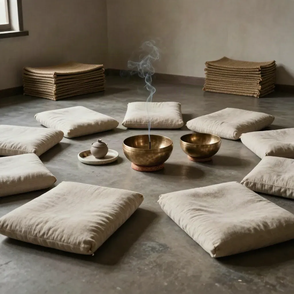 Salón de yoga vacío con cojines en círculo, cuenco de canto, té e incienso.