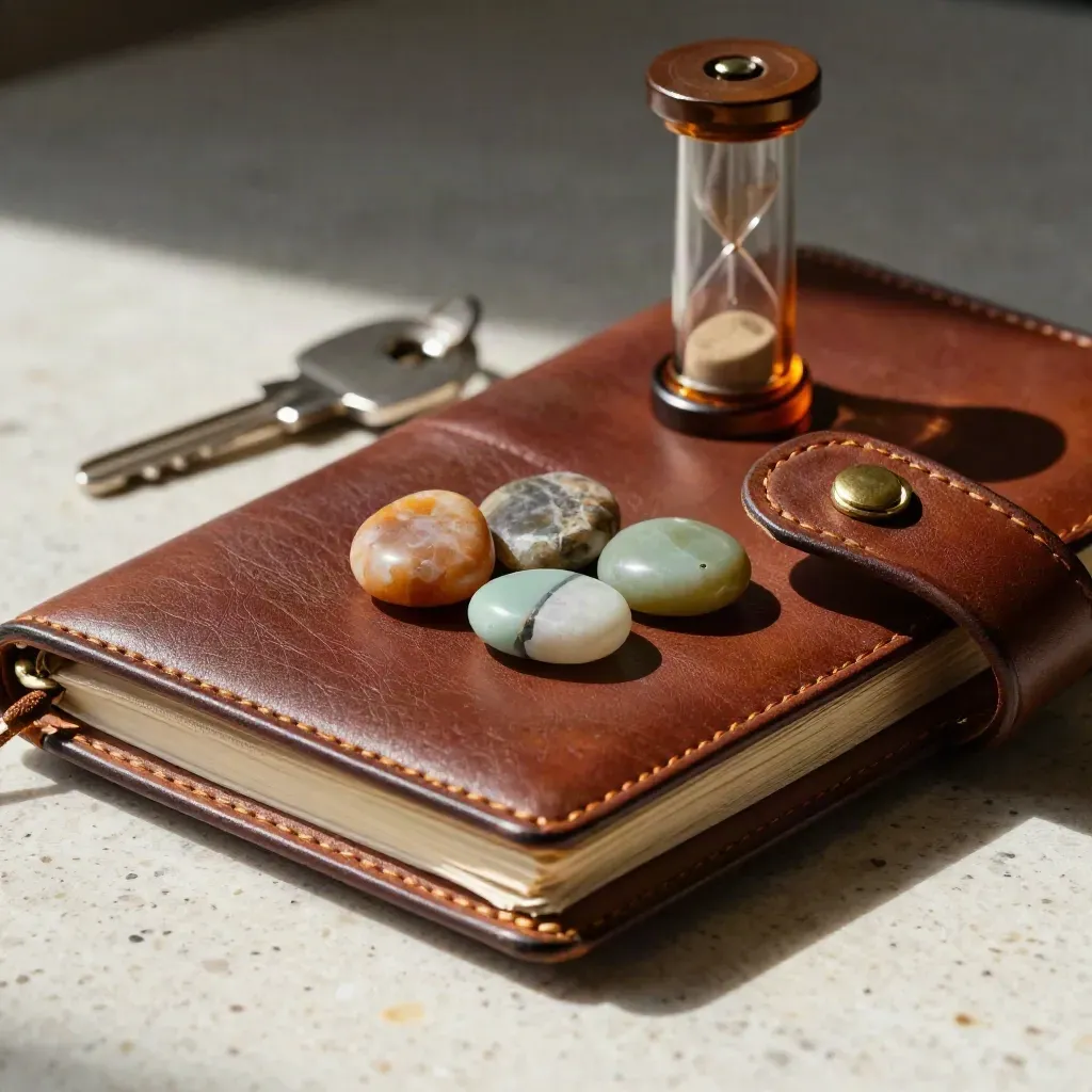 Kit de coaching con cuaderno de cuero, reloj de arena, fichas de piedra y correa de lino.