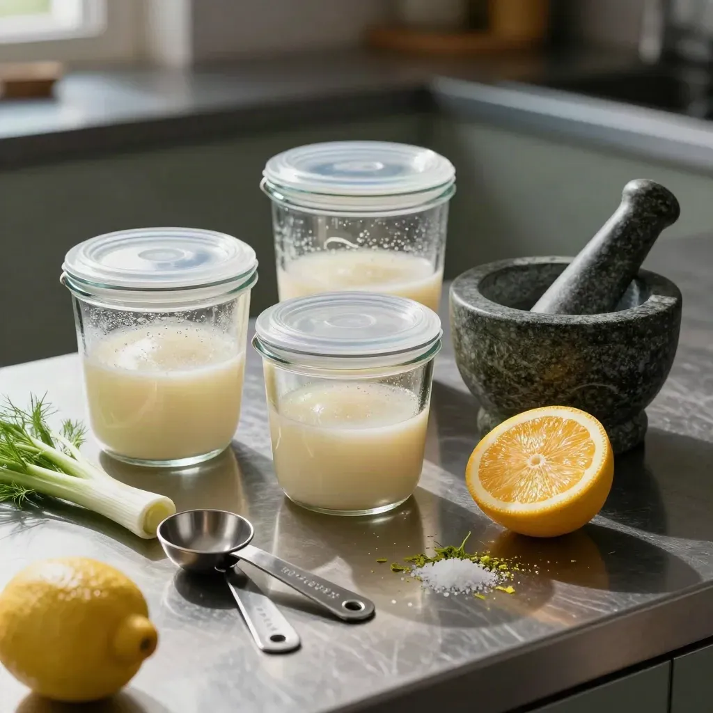 Utensilios de cocina clínica con cítricos y hinojo sobre encimera de acero