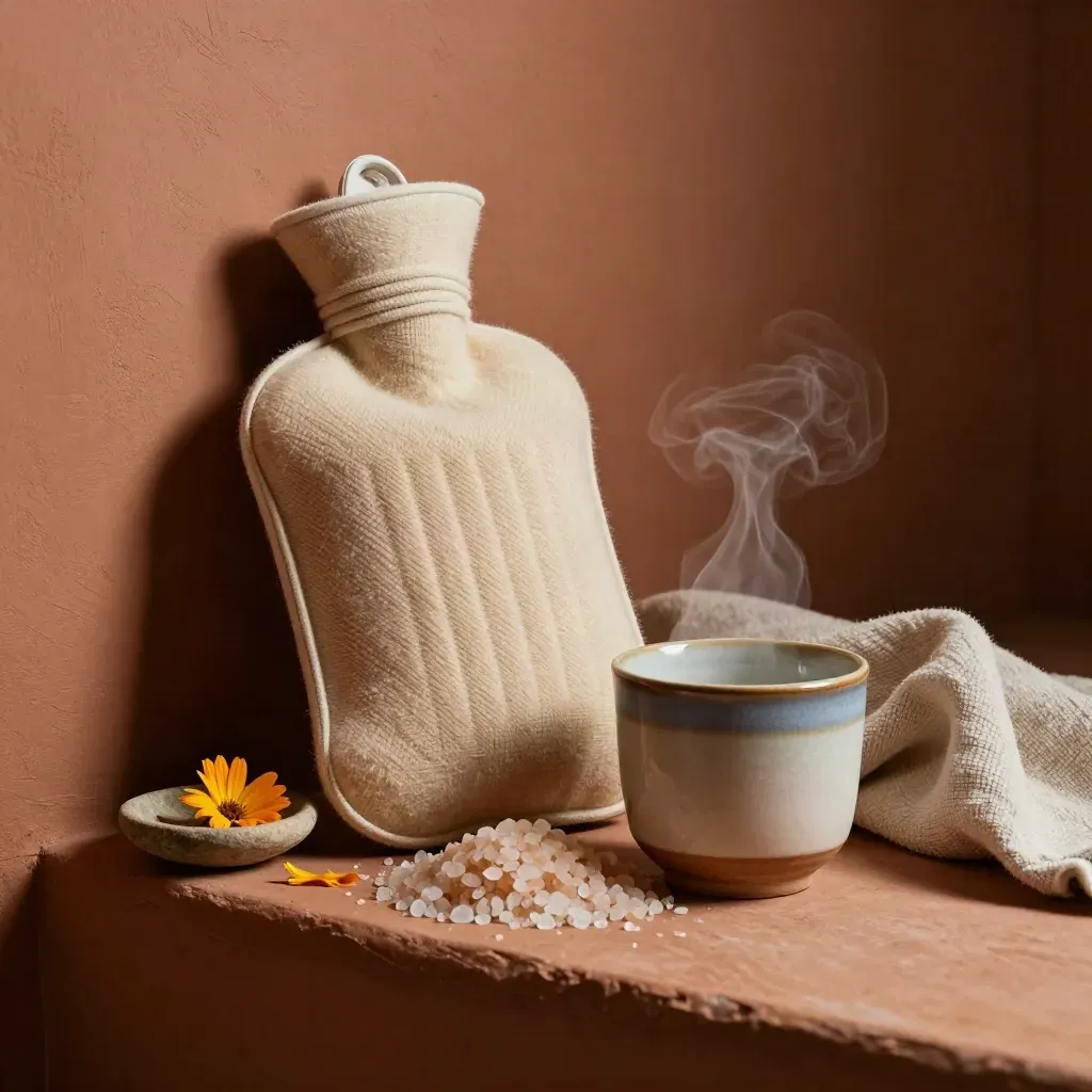 Kit de autocuidado con bolsa de agua caliente, taza, sales y caléndula sobre terracota.