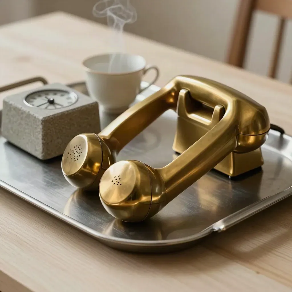 Auricular de teléfono, temporizador de piedra y taza de té en bandeja metálica.
