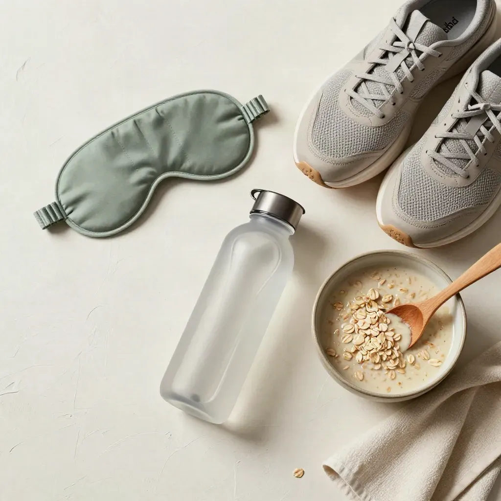 Vista cenital de una mascarilla de sueño, zapatillas, botella, avena y toalla en tonos suaves.