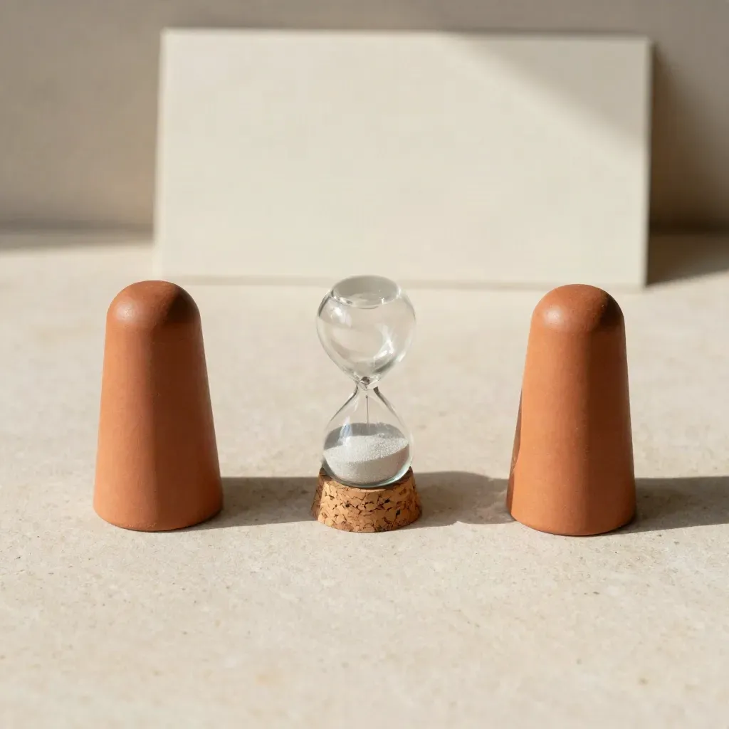 Flaylay cenital de marcadores de barro, reloj de arena y corcho sobre piedra clara.