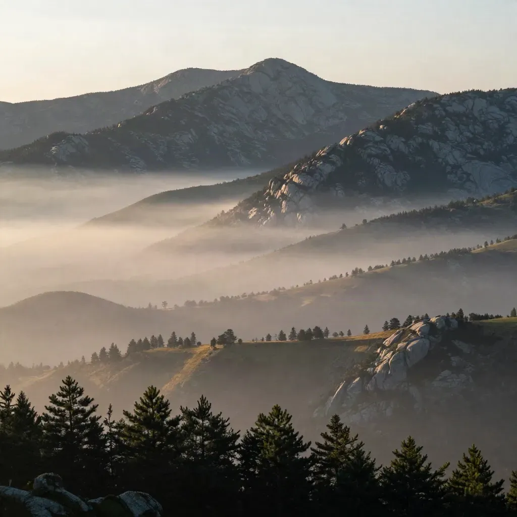 Sierra de Guadarrama al amanecer, con niebla baja y pinos, dejando espacio limpio para el texto.