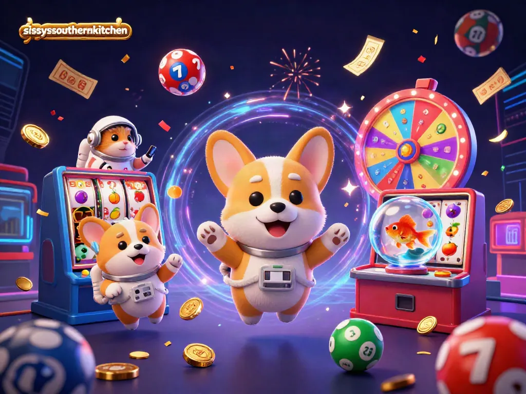 Engage in thrilling gameplay at sissyssouthernkitchen with floating slot reels and lively casino characters.
