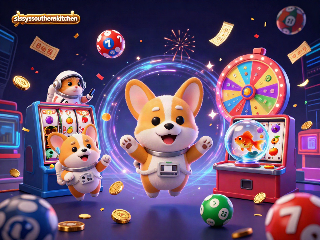 Engage in thrilling gameplay at sissyssouthernkitchen with floating slot reels and lively casino characters.