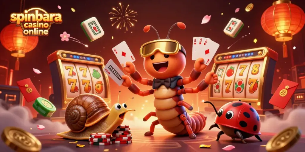 Experience the excitement of spinbara casino online with a dynamic 3D illustration of a dealer and players.